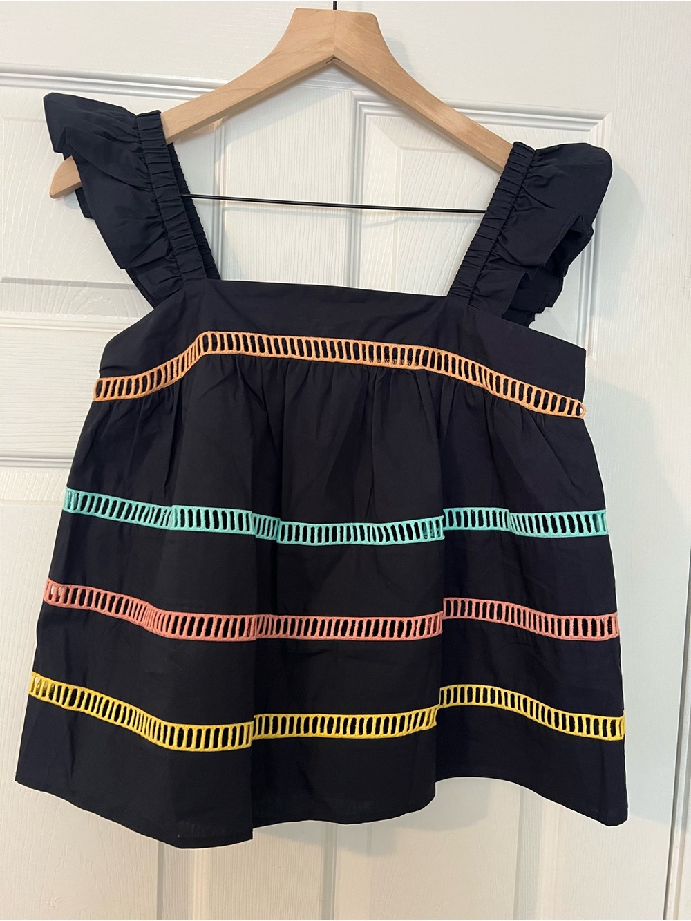 NWOT Anthro English Factory Navy Ruffled Strap Top with Colorful Trim